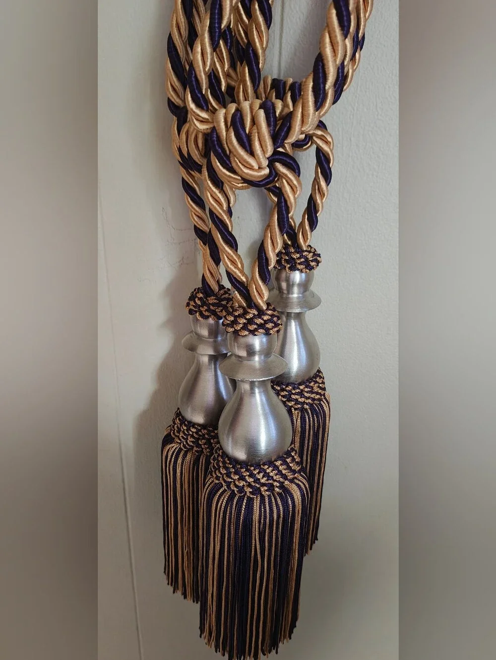 Elegant Decorative Gold and Purple Curtain TieBacks With Tassels Set Of 3.
